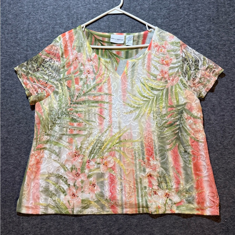 Alfred Dunner top blouse womens XL green orange floral bling beads lace boho